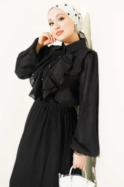 Alternative view of Gold Button Front Ruffled Skirt Set Black