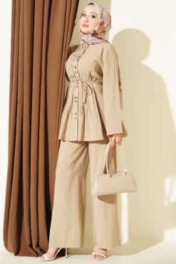 Gold Buttoned Ribbed Tencel Two-Piece Set Beige