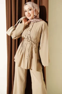 Alternative view of Gold Buttoned Ribbed Tencel Two-Piece Set Beige