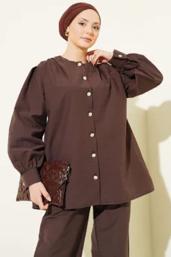 Alternative view of Gold Buttoned Parachute Two-Piece Set Brown