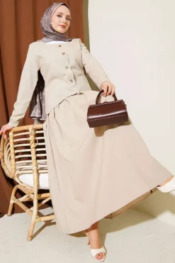 Buttoned Poliviskon Skirt Set Beige