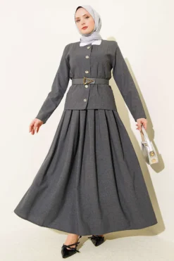 Buttoned Poliviskon Skirt Set Gold