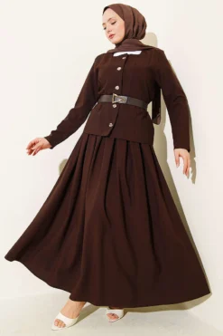 Buttoned Poliviskon Skirt Set Brown