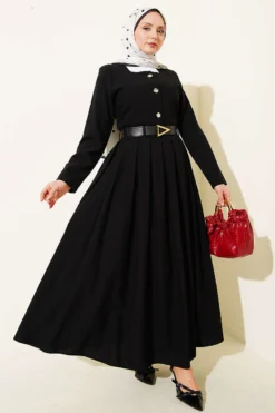 Buttoned Poliviskon Skirt Set Black