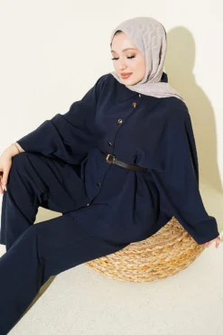 Gold Button Tencel Poncho Set Navy Blue
