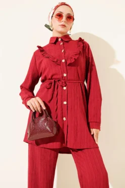 Alternative view of Buttoned V Ruffled Two-Piece Set Burgundy