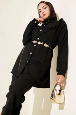 Alternative view of Buttoned V Ruffled Two-Piece Set Black