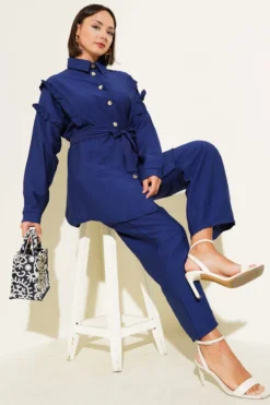 Buttoned Collar Ruffled Two-Piece Set Navy Blue