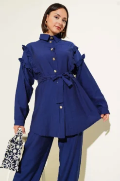 Alternative view of Buttoned Collar Ruffled Two-Piece Set Navy Blue