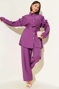 Buttoned Collar Ruffled Two-Piece Set Gold