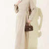 Dress with Side Pleats and Gold Buckle Beige