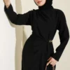 Dress with Side Pleats and Gold Buckle Black