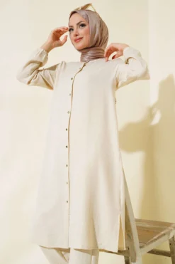 Alternative view of Button-Up Two-Piece Set with Mandarin Collar Beige