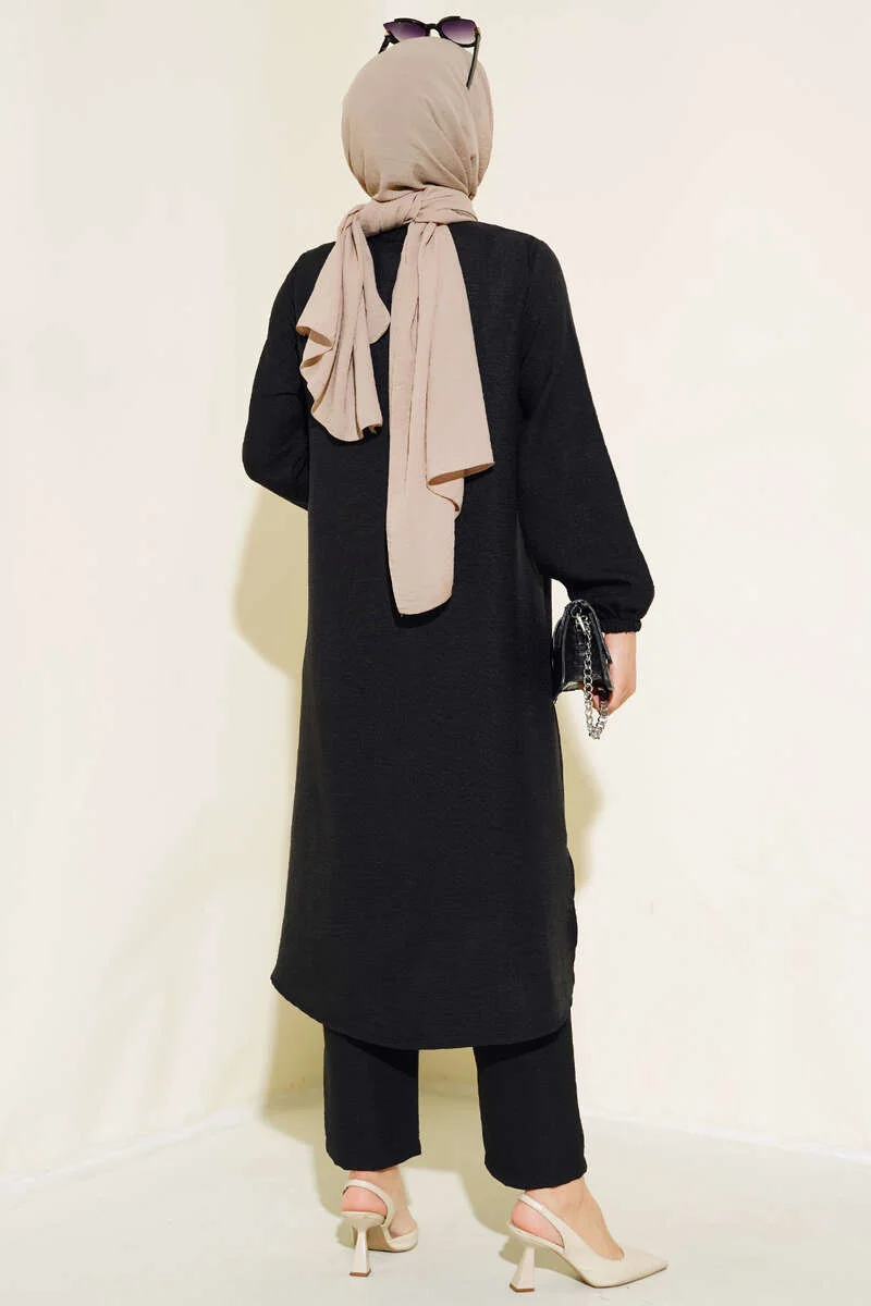 Button-Up Two-Piece Set with Mandarin Collar Black – Bild 3