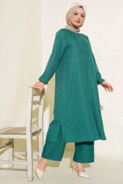 Buttoned Collar Two-Piece Set Green