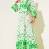 Mandarin Collar Patterned Oversized Dress Green