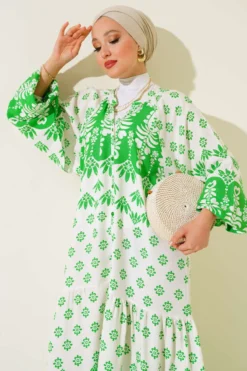 Vista alternativa de Mandarin Collar Patterned Oversized Dress Green