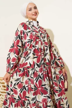 Mandarin Collar Floral Dress Burgundy groothandel dress view 2 - Hicabistan Turkije fabriek