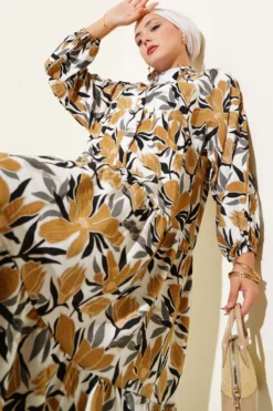 Mandarin Collar Floral Dress Mustard groothandel dress - Hicabistan Turkije fabriek