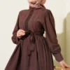 Belted Lace Dress Brown groothandel dress view 2 - Hicabistan Turkije fabriek