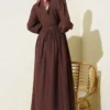 Belted Lace Dress Brown groothandel dress view 3 - Hicabistan Turkije fabriek