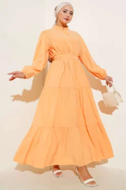 Mandarin Collar Hidden Button Tiered Dress Orange groothandel dress view 2 - Hicabistan Turkije fabriek