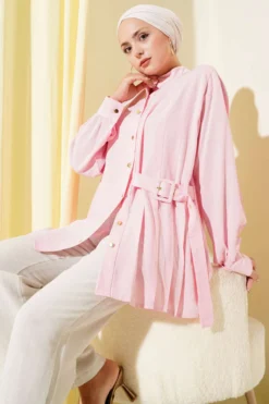 Jacket Collar Belted Tunic Pink