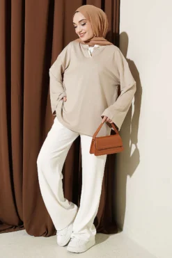 Alternative view of Mandarin Collar Loosely Fitted Tunic Beige