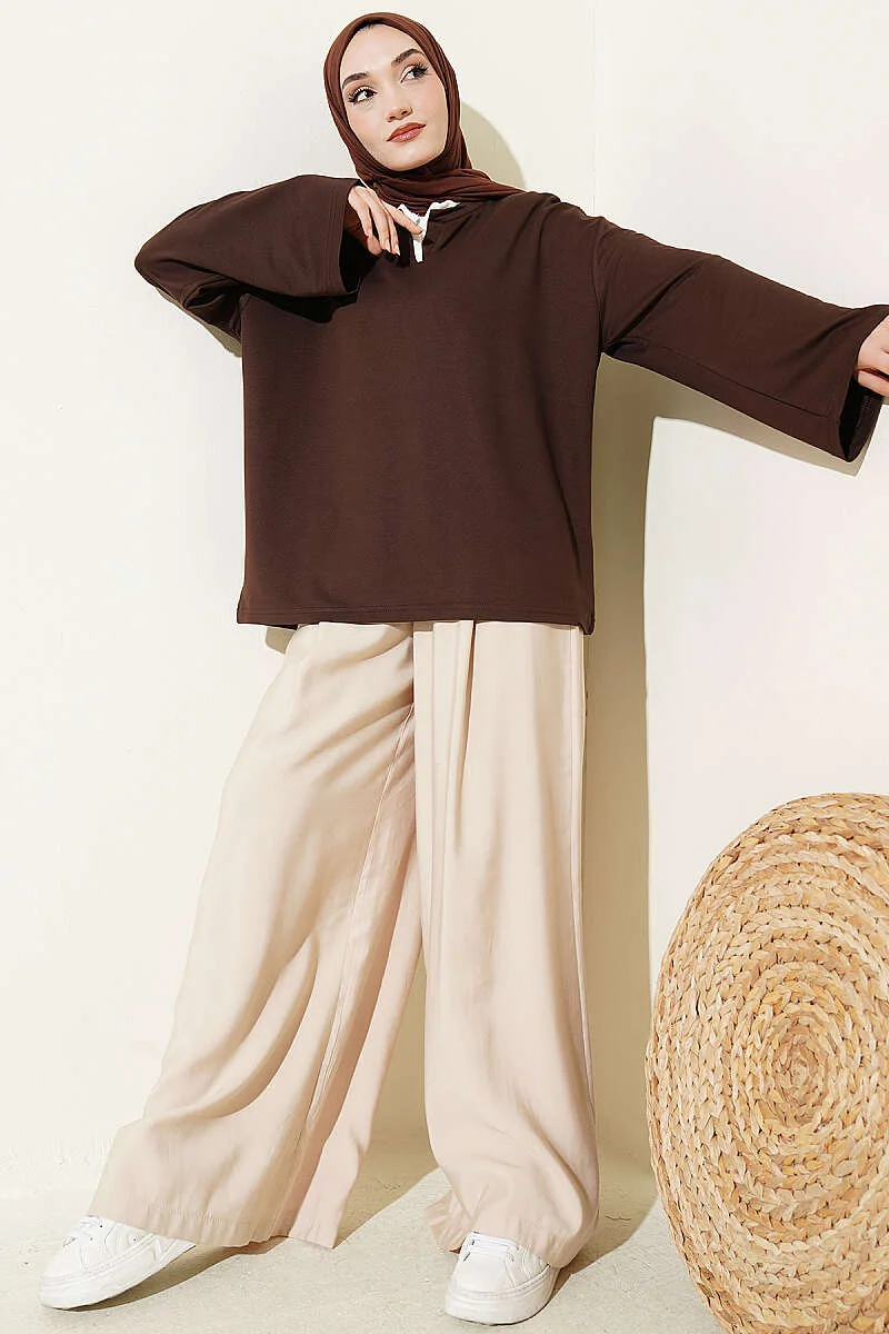 Mandarin Collar Loosely Fitted Tunic Brown بالجملة tunic view 2 - Hicabistan مصنع تركيا