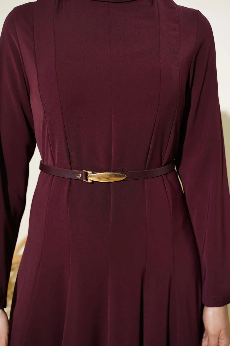 Belted Dress with Mandarin Collar Burgundy Großhandel dress view 4 - Hicabistan Türkei Fabrik
