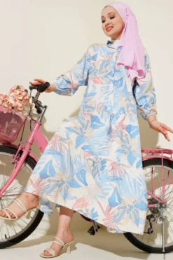 Mandarin Collar Tropical Print Dress Indigo