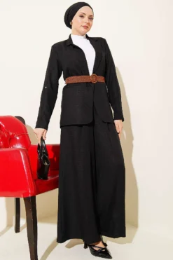 Vue alternative de Woven Belted Jacket Set Black