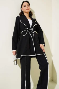 Floral Accessory Trimmed Two-Piece Set Black wholesale clothing set view 2 - Hicabistan Turkey factory