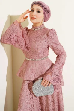 Floral Lace Beaded Evening Two-Piece Set wholesale clothing set view 2 - Hicabistan Turkey factory