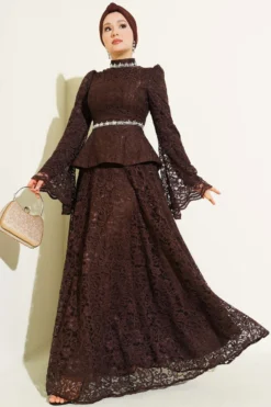 Floral Lace Beaded Evening Two-Piece Set Brown