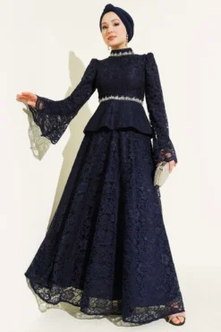Floral Lace Beaded Evening Two-Piece Set Navy Blue