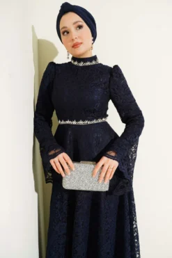 Alternative view of Floral Lace Beaded Evening Two-Piece Set Navy Blue