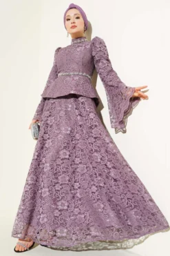 Floral Lace Beaded Evening Two-Piece Set Lilac