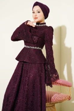 Floral Lace Beaded Evening Two-Piece Set Purple wholesale clothing set view 2 - Hicabistan Turkey factory