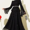 Floral Lace Beaded Evening Two-Piece Set Black