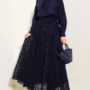 Floral Pattern Scarf Tulle Skirt Set Navy Blue