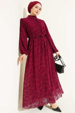 Flower Pattern Sheer Dress Burgundy Großhandel dress - Hicabistan Türkei Fabrik