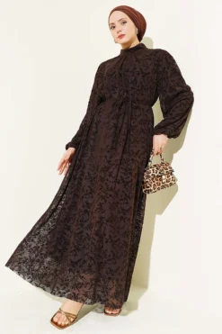 Flower Pattern Sheer Dress Brown Großhandel dress - Hicabistan Türkei Fabrik