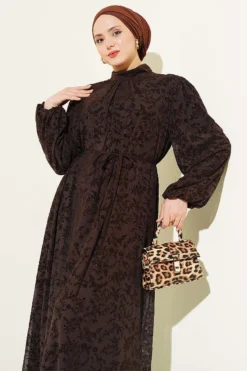 Flower Pattern Sheer Dress Brown Großhandel dress view 2 - Hicabistan Türkei Fabrik