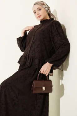 Floral Print Tulle Skirt Two-Piece Set Brown all'ingrosso clothing set view 2 - Hicabistan fabbrica Turchia