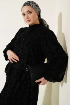 Floral Print Tulle Skirt Two-Piece Set Black all'ingrosso clothing set view 2 - Hicabistan fabbrica Turchia