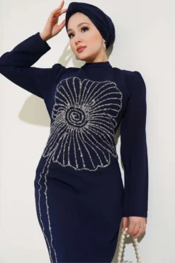 Floral Pattern Stone Embellished Plus Size Dress Navy Blue