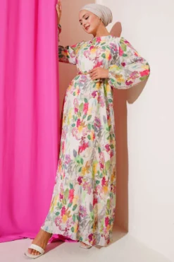 Floral Gathered Pleated Dress Green