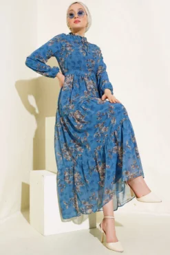 Floral Chiffon Tiered Dress Indigo