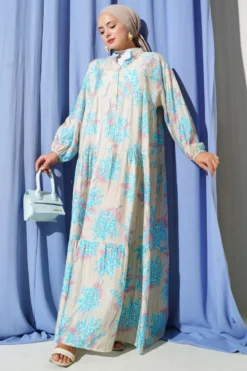 Flower Detailed Half Button Dress Baby Blue groothandel dress - Hicabistan Turkije fabriek